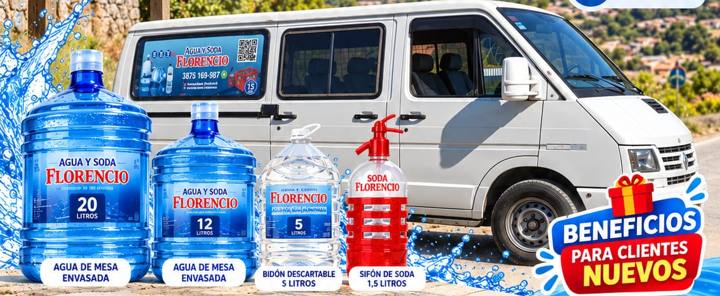 Camioneta de reparto de Florencio junto a bidones de 20 y 12 litros, bidón de 5 litros y sifón de soda